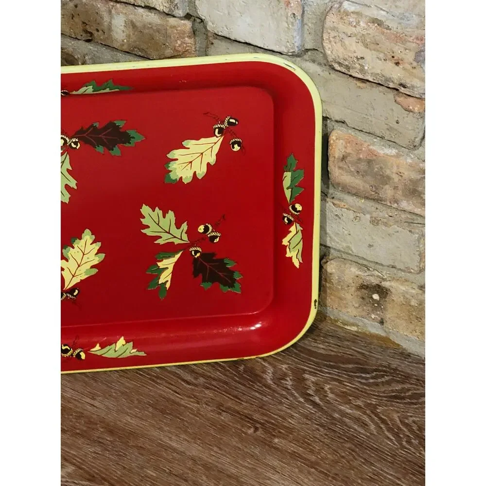 Vintage Mid Century Red Metal Serving Tray Oak Leaves Acorns Fall Autumn TV Lap